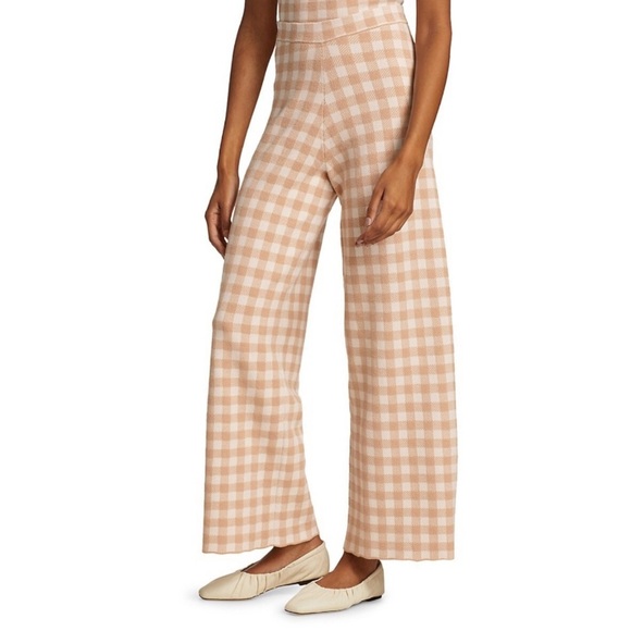 Staud Avalanche Gingham Plaid Knit High Rise Pull On Wide Leg Pants Tan XL - Picture 1 of 10